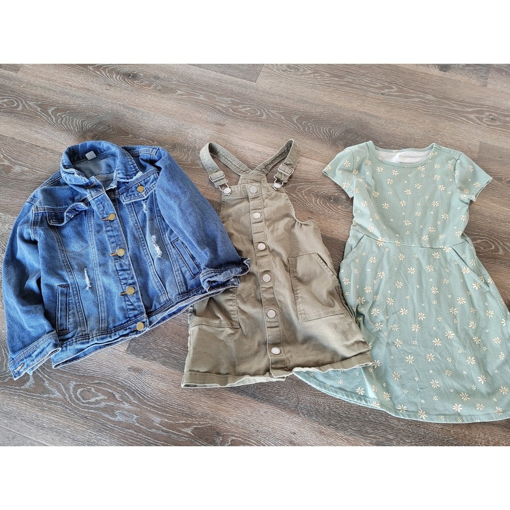 H&M Girls Clothing Dress Size 6 Olive Green‎ Overall Dress Denim Jacket Set #9
